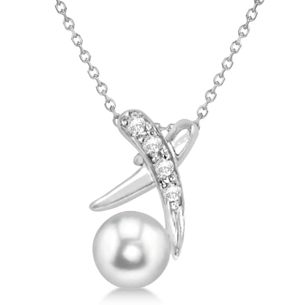 Freshwater Pearl & Diamond X Necklace Solitaire Pendant 14k White Gold