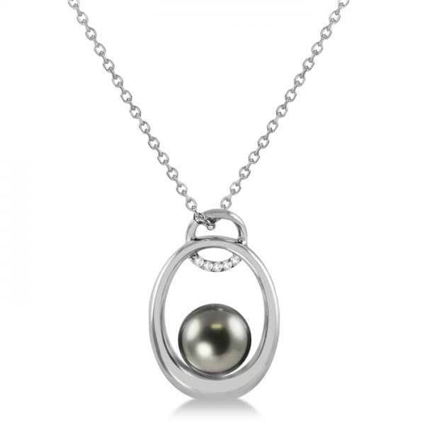 Tahitian Diamond Accented Floating Pearl Drop in 14K White Gold 8-9mm