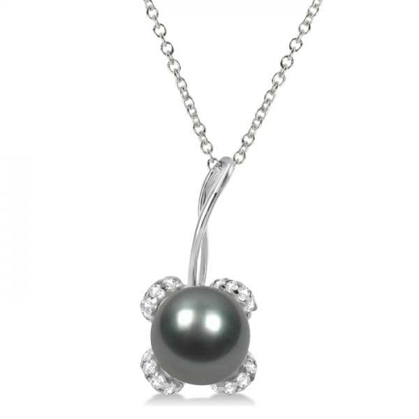 Diamond and Black Tahitian Pearl Pendant Necklace 14K White Gold 8-9mm