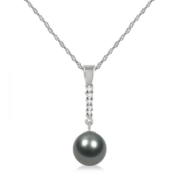 Black-Grey Tahitian Pearl & Diamond Drop Pendant Necklace 14K W. Gold 8-9mm