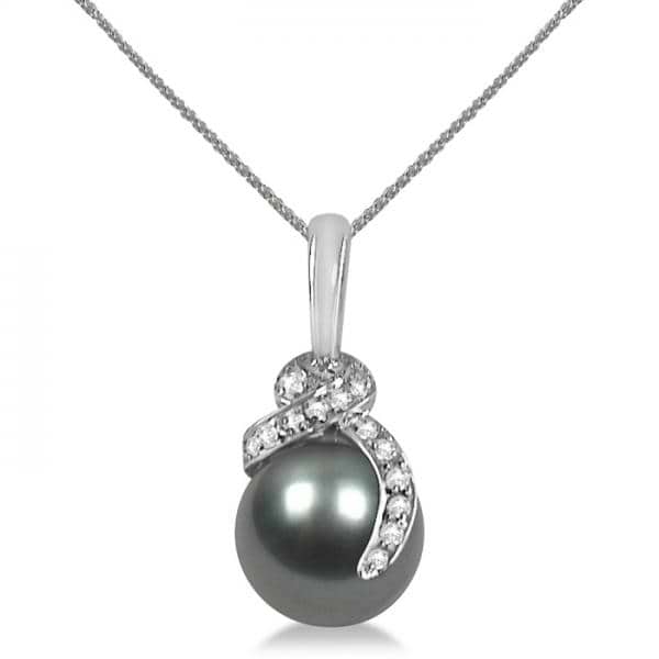 Diamond Swirl & Tahitian Pearl Drop Necklace 14K White Gold 10-10.5mm