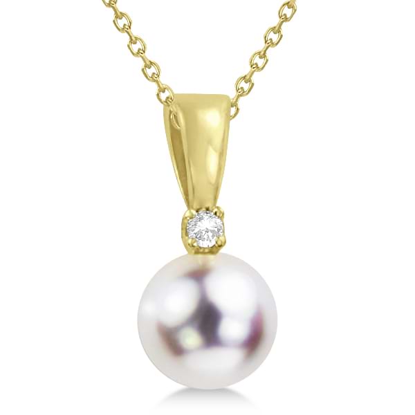 Akoya Pearl Solitaire Pendant Necklace 14k Yellow Gold 6-6.5mm 0.03ct