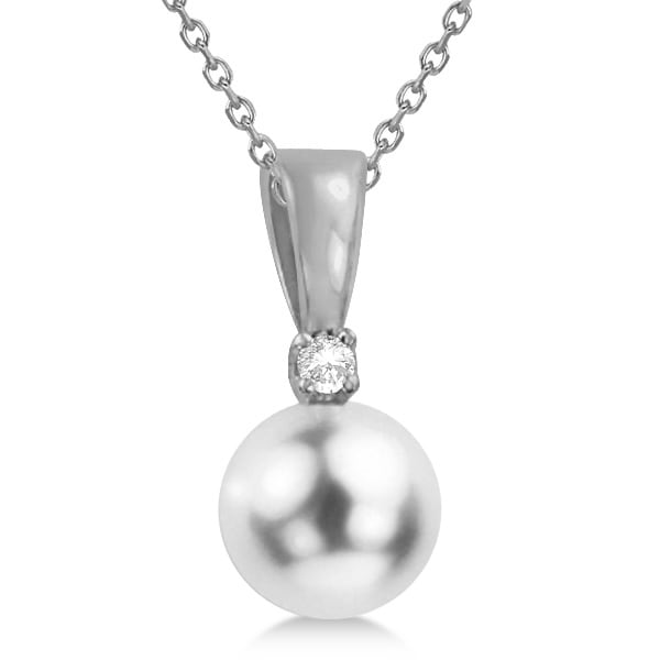 Akoya Pearl Solitaire Pendant Necklace 14k White Gold 6-6.5mm 0.03ct