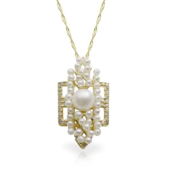 Art Deco Akoya Pearl & Diamond Pendant Necklace 14k Y. Gold 5.5-6mm