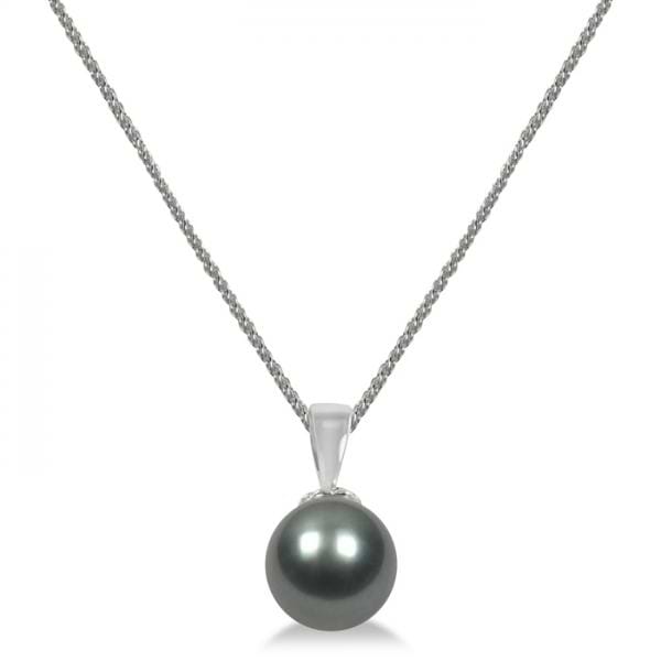 Cultured Tahitian Black Pearl Solitaire Pendant 14K White Gold 9-10mm