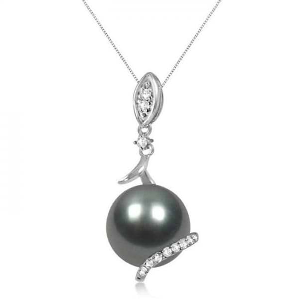 Tahitian Black Pearl Drop with Diamond Accents 14K White Gold 10-11mm