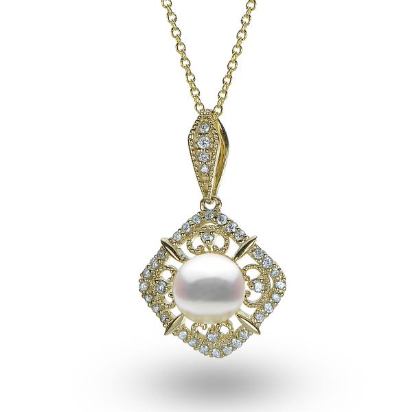 Antique Style Pearl & Diamond Pendant Necklace 14k Yellow Gold (0.21ct