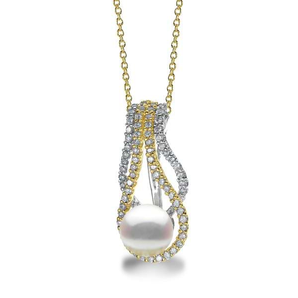 Akoya Pearl & Diamond Twist Pendant Necklace 14k Two Tone Gold 0.46ct