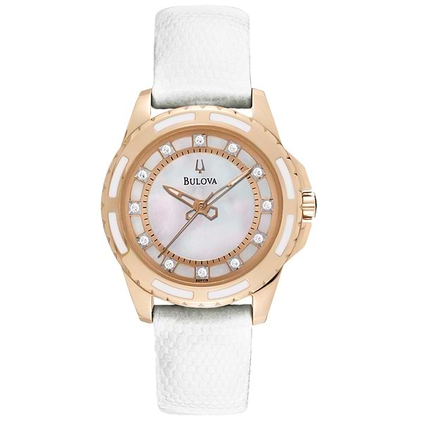 Bulova Women's Mother-of-Pearl Dial White Lizard Leather Strap Watch