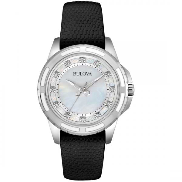 Bulova Women's Mother of Pearl Dial Diamond Black Leather Quartz Watch