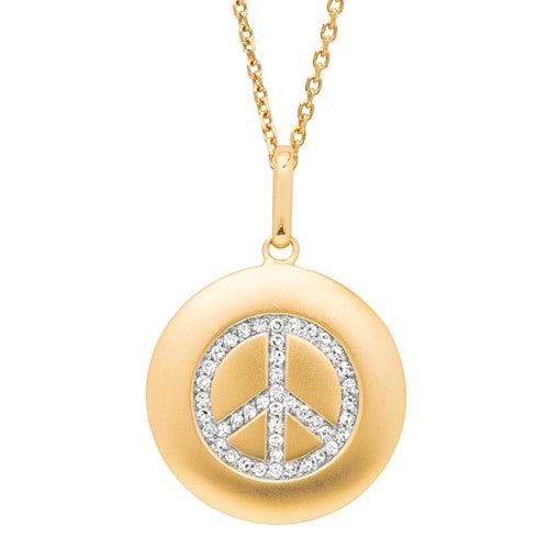 Diamond Peace Sign Disc Pendant Necklace 14k Yellow Gold (0.16ct)