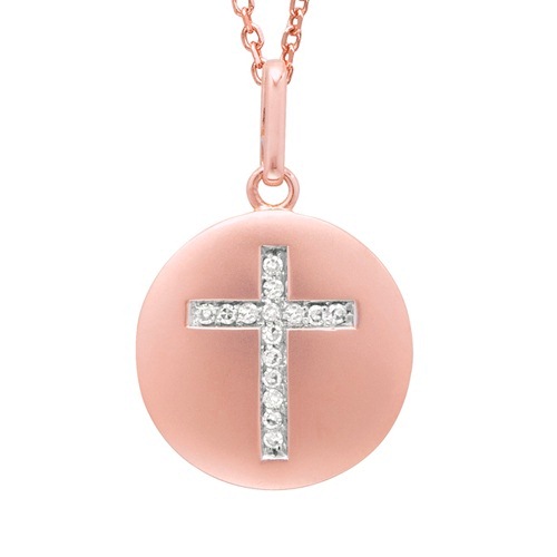 Diamond Cross Disc Pendant Necklace 14k Rose Pink Gold (0.09ct)