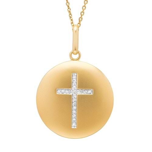 Diamond Cross Disc Pendant Necklace 14k Yellow Gold (0.09ct)