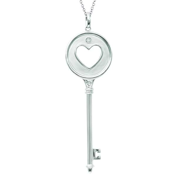 Diamond Heart in Circle Key Pendant Necklace Sterling Silver (0.06ct)