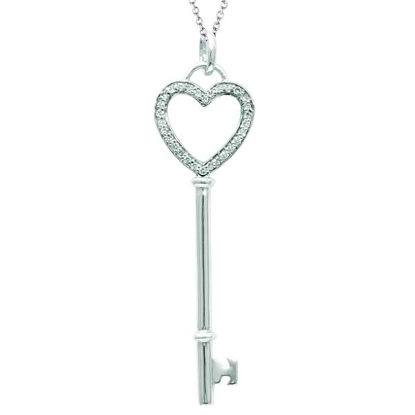 Diamond Open Heart Key Pendant Necklace Sterling Silver (0.12ct)