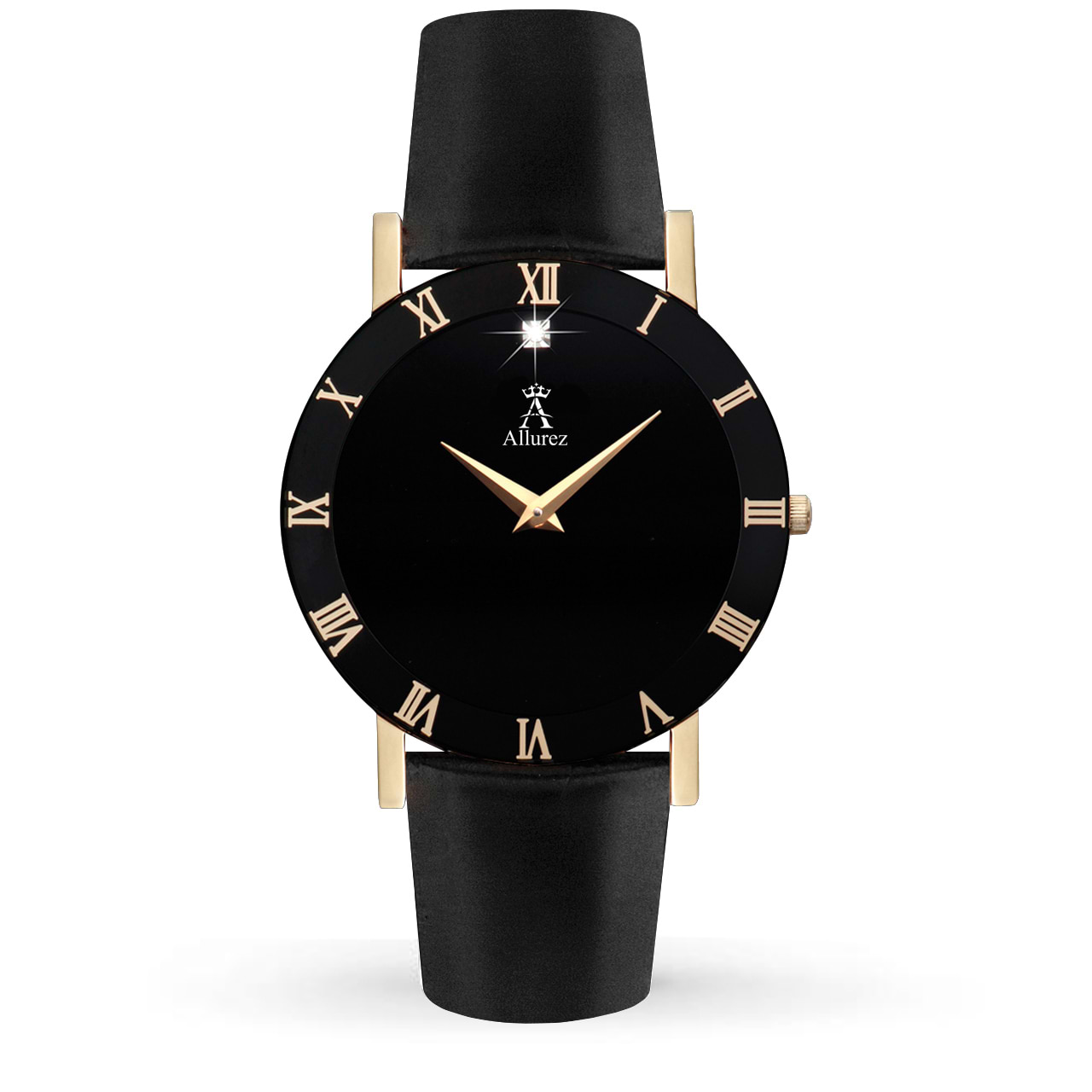 Allurez Men's Black Dial & Black Leather Strap Watch