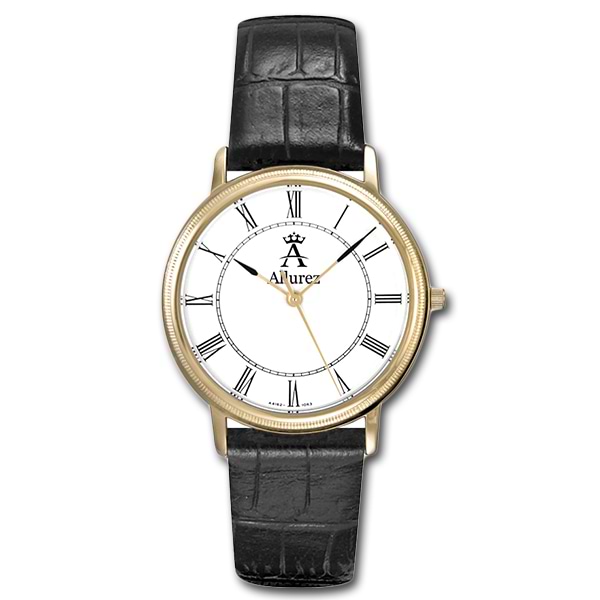 Allurez Men's Gold-Tone Stainless-Steel Swiss Leather Strap Watch