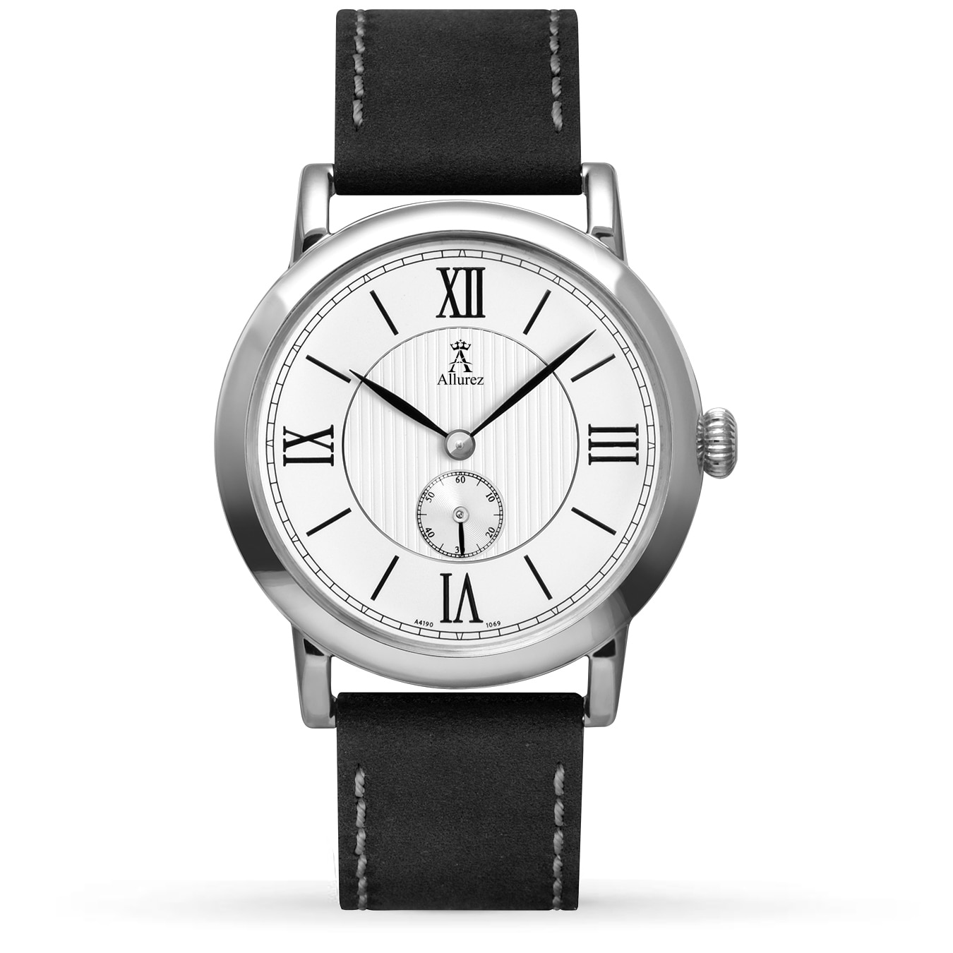 Allurez Unisex White Dial & Black Leather Strap Watch
