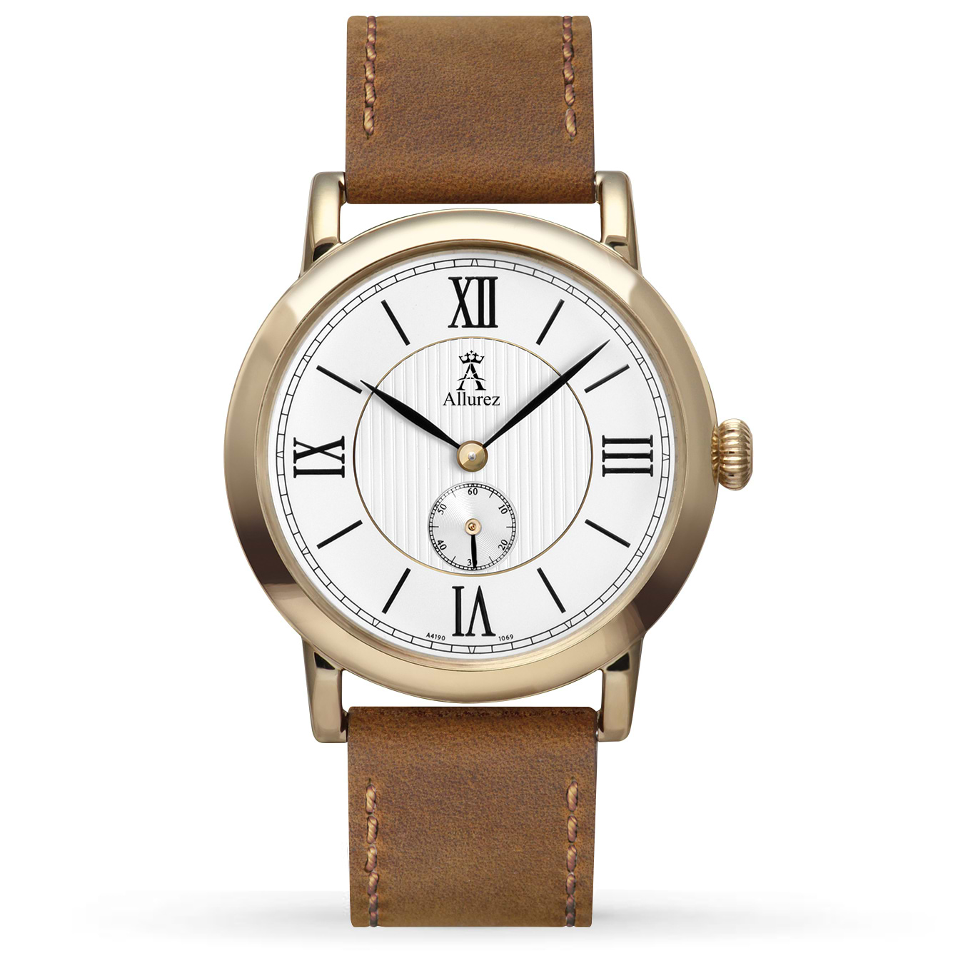 Allurez Unisex Brown Leather & Gold-tone Stainless Steel Watch