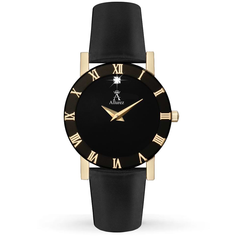 Allurez Women's Black Dial & Leather Strap Stainless Steel Watch