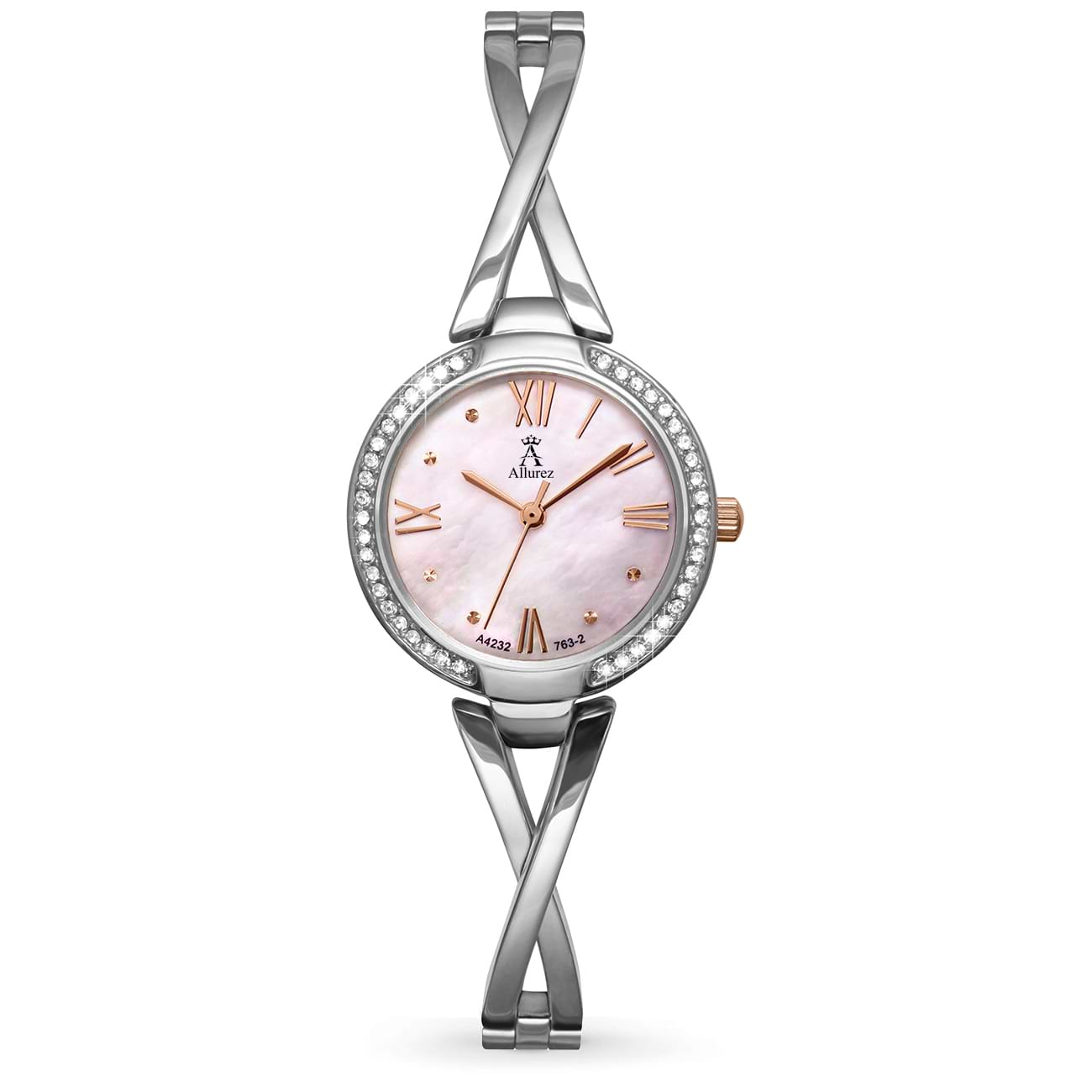 Allurez Women's Swarovski Crystal Accented Mother of Pearl Dial Watch