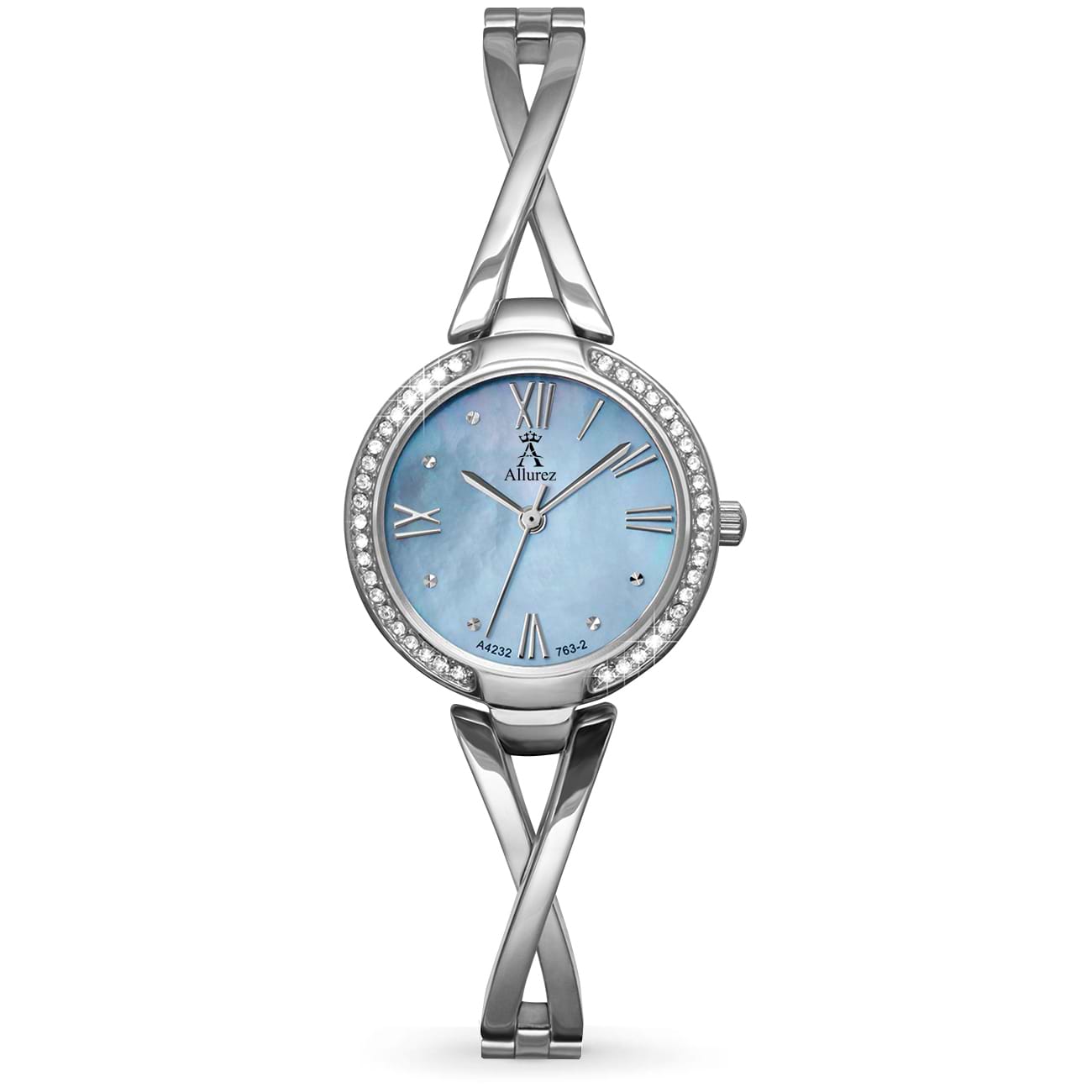 Allurez Women's Swarovski Crystal Accented Blue Mother of Pearl Dial Watch