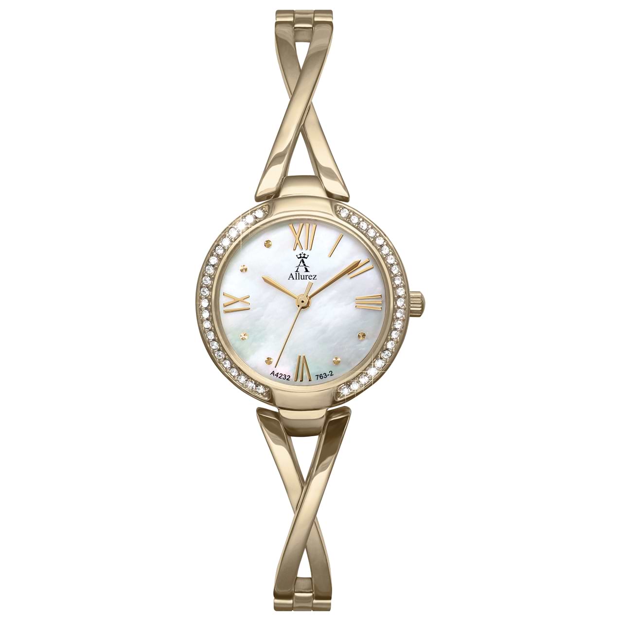 Allurez Women's Swarovski Crystal Accented Gold-tone Mother of Pearl Watch