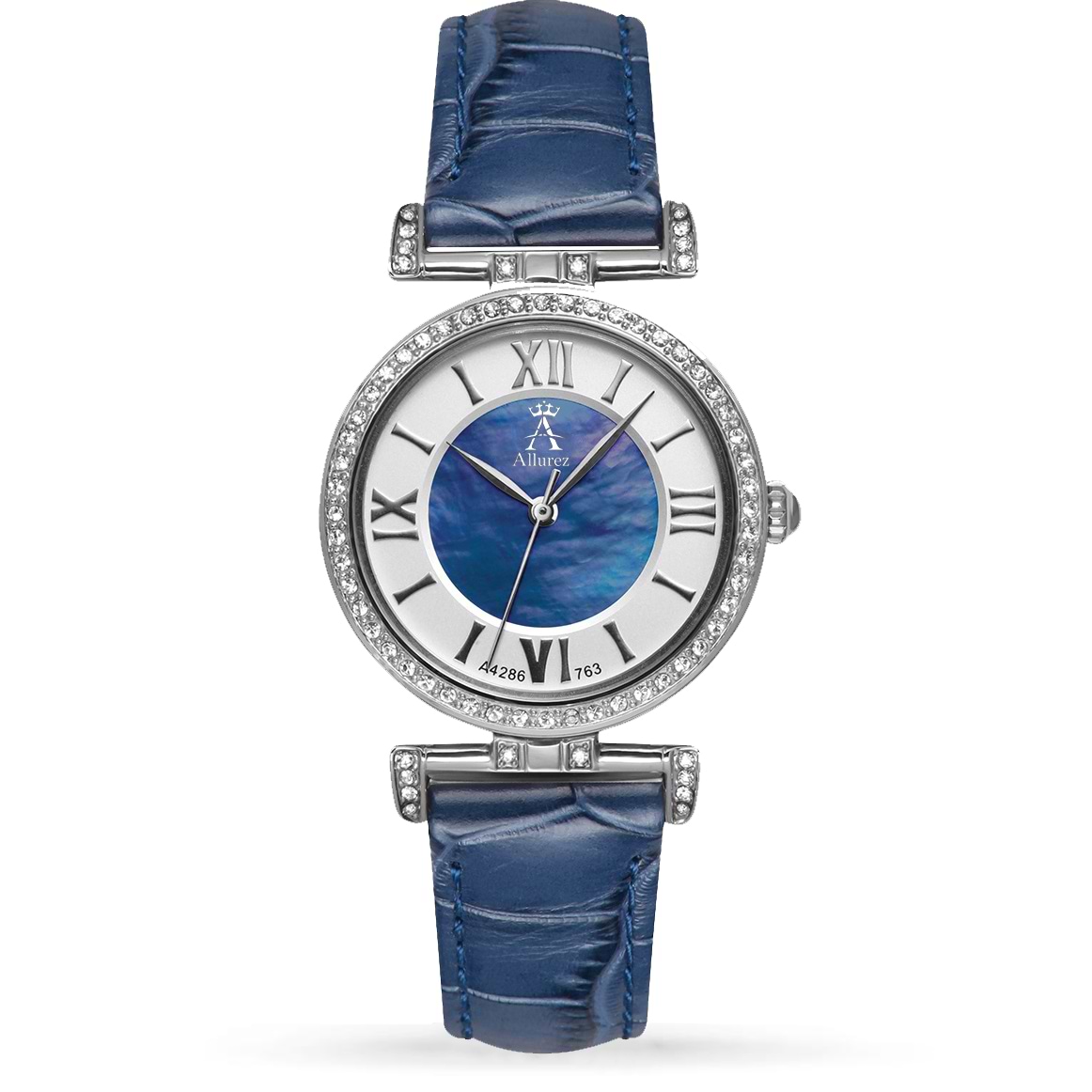 Allurez Women's Blue Mother of Pearl Dial Genuine Leather Strap Watch