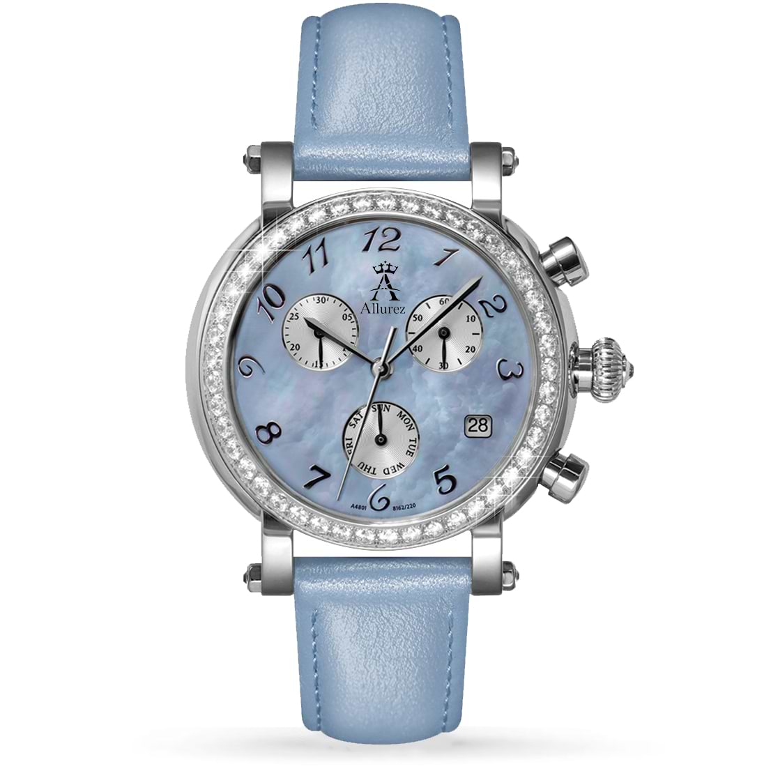Allurez Women's Blue Mother of Pearl Chronograph Leather Watch
