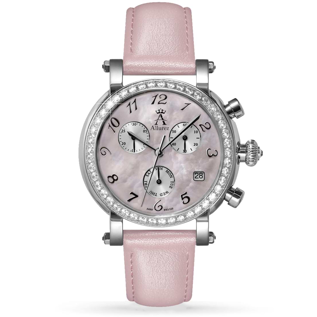 Allurez Women's Pink Mother of Pearl Chronograph Leather Watch