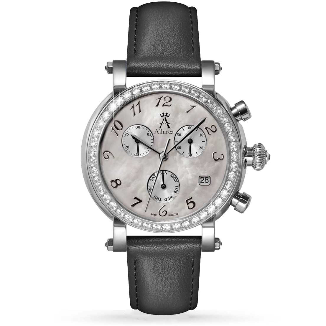 Allurez Women's Mother of Pearl Chronograph Black Leather Watch