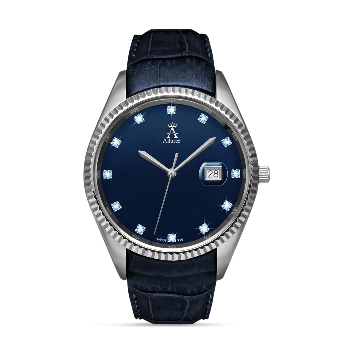 Allurez Men's Diamond Blue Sapphire Crystal Stainless Steel Leather Strap Watch
