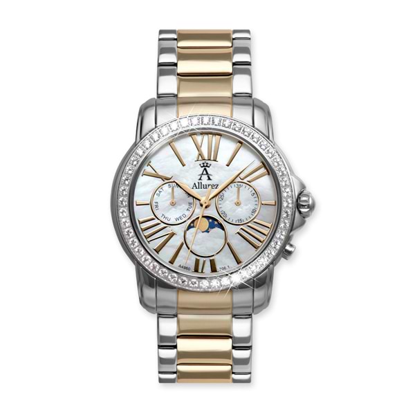 Allurez White Topaz Two-Tone Swiss Wrist Watch w/ Mother Of Pearl Dial