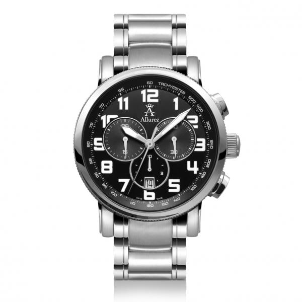Allurez Men's Stainless Steel Black Dial Chronograph Swiss Made Watch