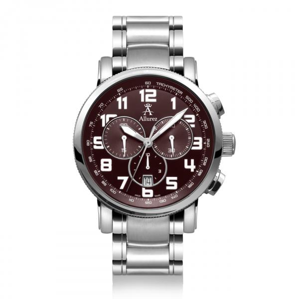 Allurez Men's Stainless Steel Burgundy Dial Chronograph Swiss Watch