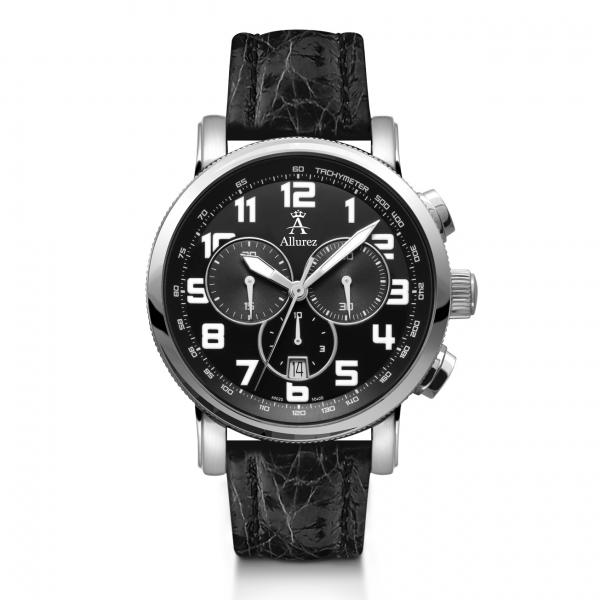 Allurez Men's Black Crocodile Strap Swiss Chronograph Watch