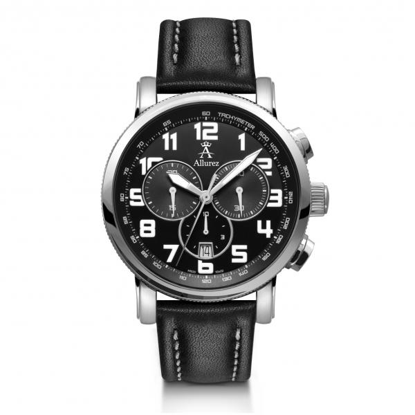 Allurez Men's Black Leather Dial Swiss Chronograph Watch