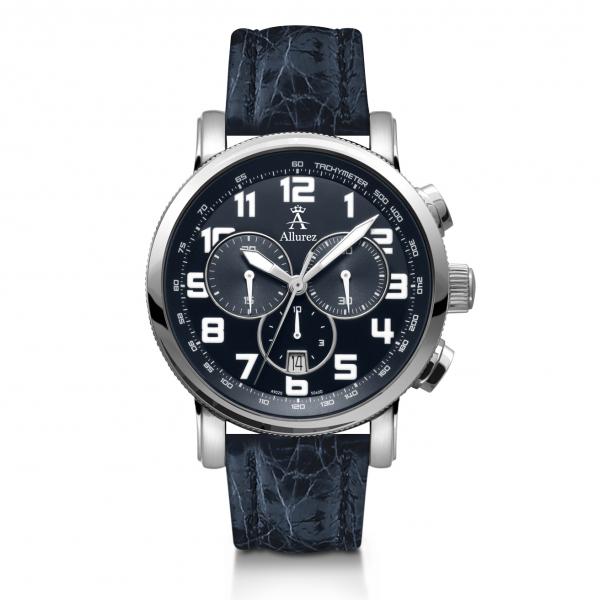 Allurez Men's Blue Crocodile Strap Swiss Chronograph Watch