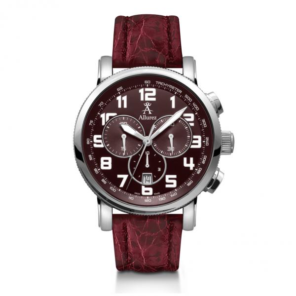 Allurez Men's Burgundy Crocodile Strap Swiss Chronograph Watch