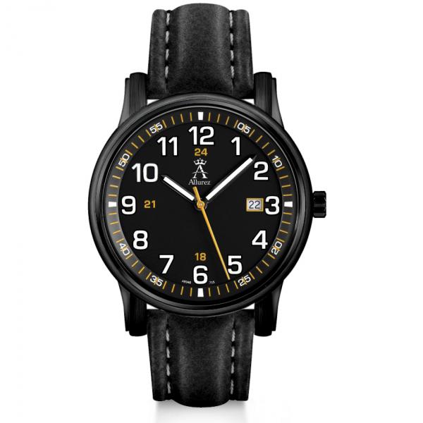 Allurez Men's Luminous Black Dial Leather Strap Crystal Watch