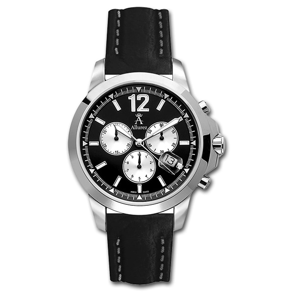 Allurez Men's Fixed Bezel Three-Dial Chronograph Watch Leather Band