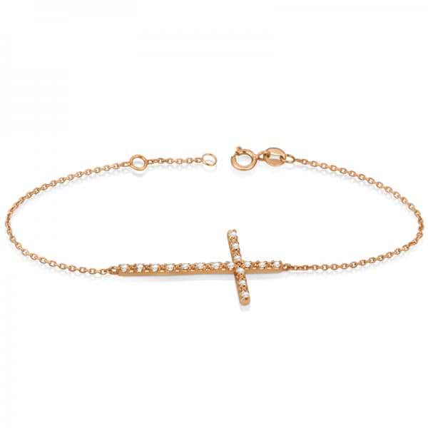 Sideways Cross Ankle Bracelet & Diamond Accents 14k Rose Gold (0.20ct)