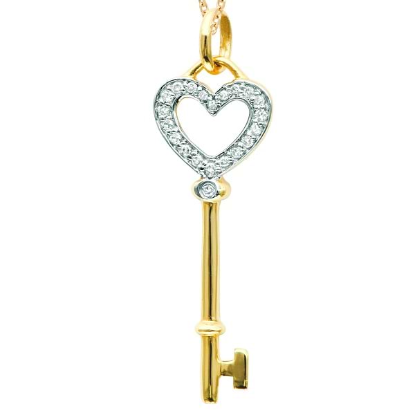 Diamond Heart Key Pendant Necklace in 14k Yellow Gold (0.10 ct)