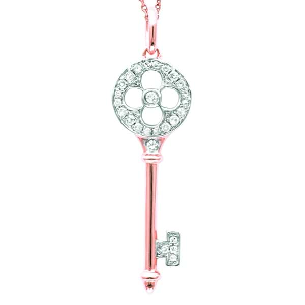 Diamond Clover Key Pendant Necklace in 14k Rose Gold (0.13ct)
