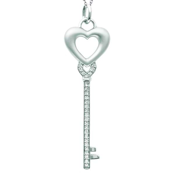 Diamond Heart Key Pendant Necklace in 14k White Gold (0.10ct)