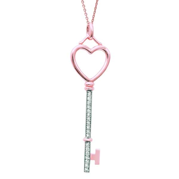 Diamond Heart Key Pendant Necklace in 14k Rose Gold (0.09 ct)