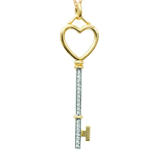 Diamond Heart Key Pendant Necklace in 14k Two Tone Gold (0.09 ct)