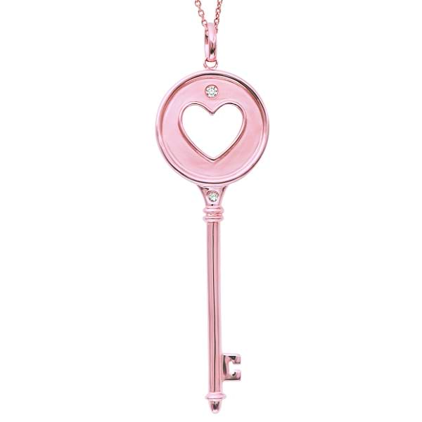 Diamond Heart in Circle Key Pendant Necklace 14k Rose Gold (0.06ct)