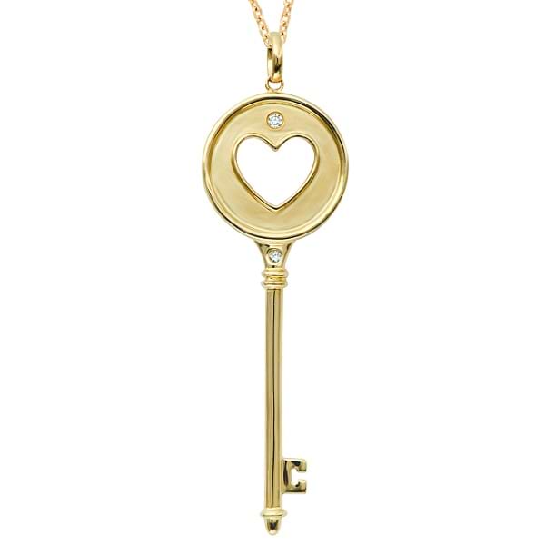 Diamond Heart in Circle Key Pendant Necklace 14k Yellow Gold (0.06ct)