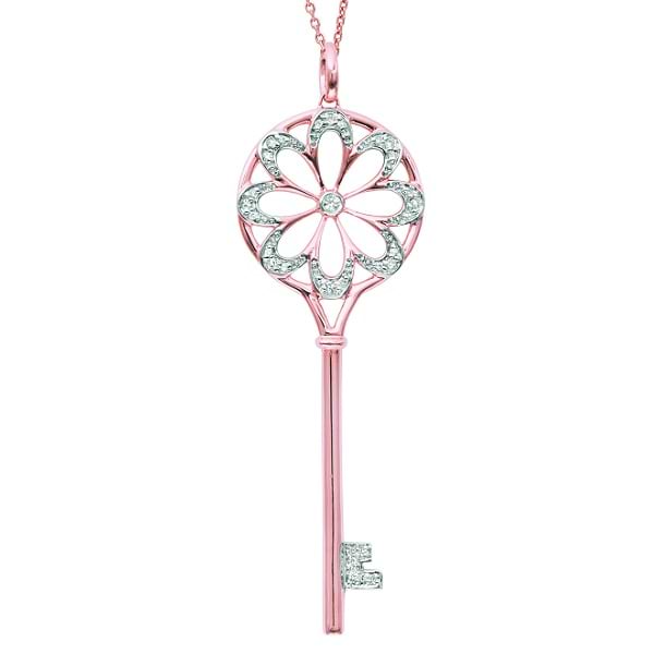 Diamond Flower Circle Key Pendant Necklace 14k Rose Gold (0.16ct)